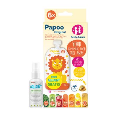 Petite&Mars - Kapsička na jídlo Papoo Original Lev 6 ks + 50ml Aquaint