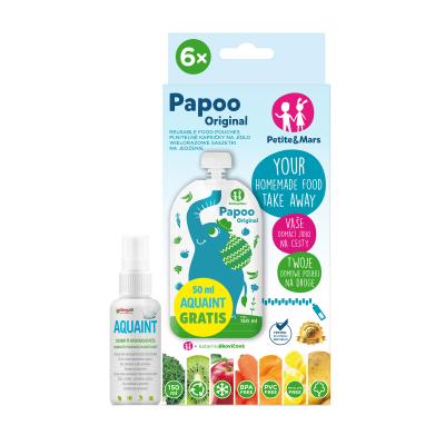 Petite&Mars - Kapsička na jídlo Papoo Original Slon 6 ks + 50ml Aquaint