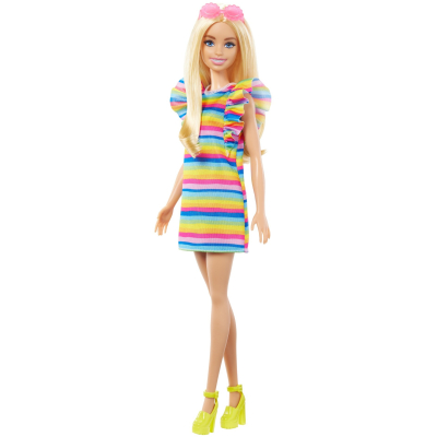 Barbie modelka - proužkované šaty s volány