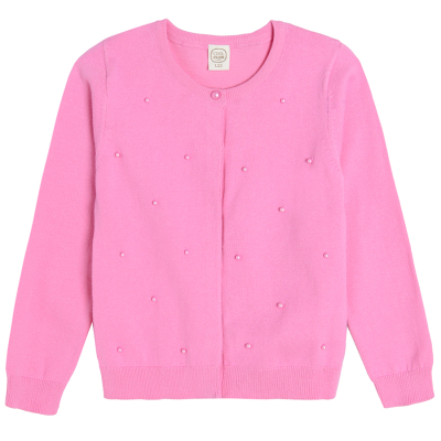 Pletený zapínací svetr s perličkami- růžový - 104 PINK