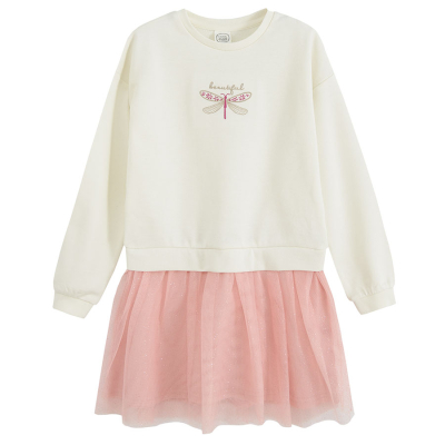 Teplákové oversize šaty s tylovou sukní- béžové - 98 BEIGE