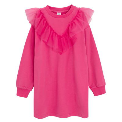 Teplákové šaty s dlouhým rukávem a tylovým volánkem- růžové - 98 FUCHSIA