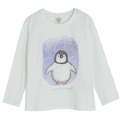 Tričko s dlouhým rukávem a aplikací tučňáka- bílé - 92 CREAMY