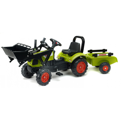 Traktor zelený Claas Arion 410 s valníkem a přední lžící