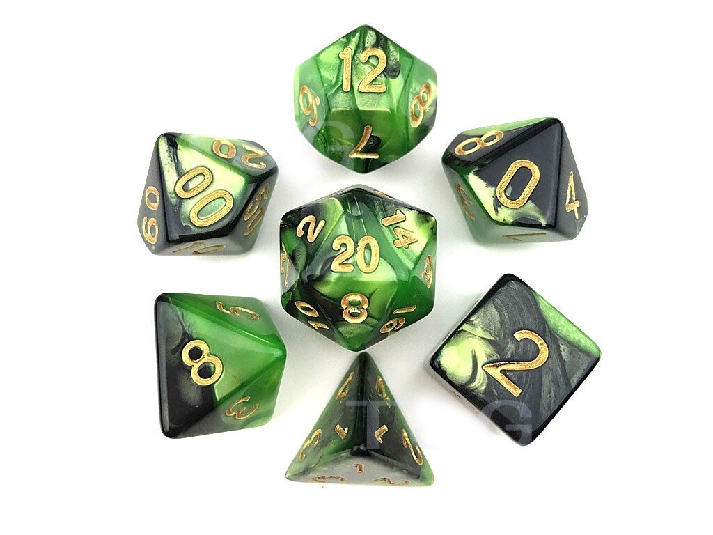 TLAMA games Sada 7 dvoubarevných perleťových kostek pro RPG Barva: zelená / černá