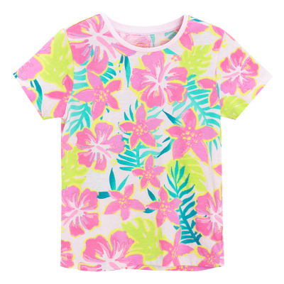 Barevné tričko s krátkým rukávem s květinami -růžové - 98 PINK