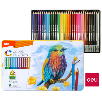 Pastelky Deli trojhranné 36 barev Color Emotion kovové pouzd