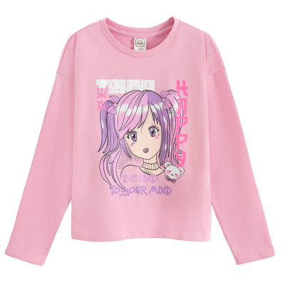 Tričko s dlouhým rukávem a potiskem- růžové - 134 PINK