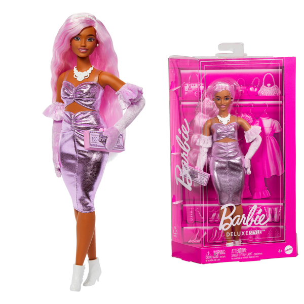 Barbie deluxe modelka - metalické šaty